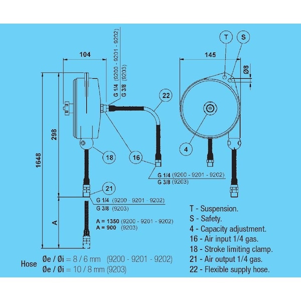 Air Hose Retractor, 53 In Stroke, 2.65-5.51 Lb Capacity